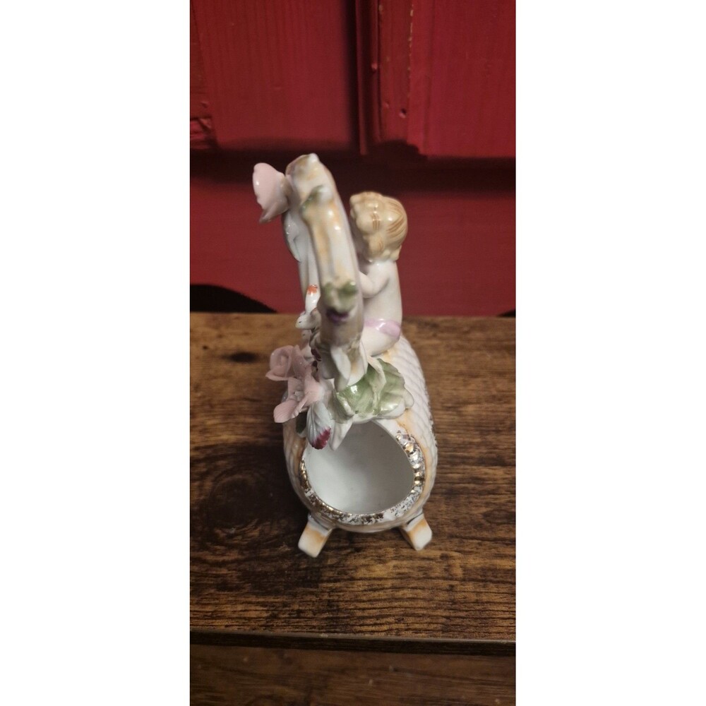 Vintage Ucagco Porcelain Cherub Figurine Flower Basket Planter Japan MCM READ